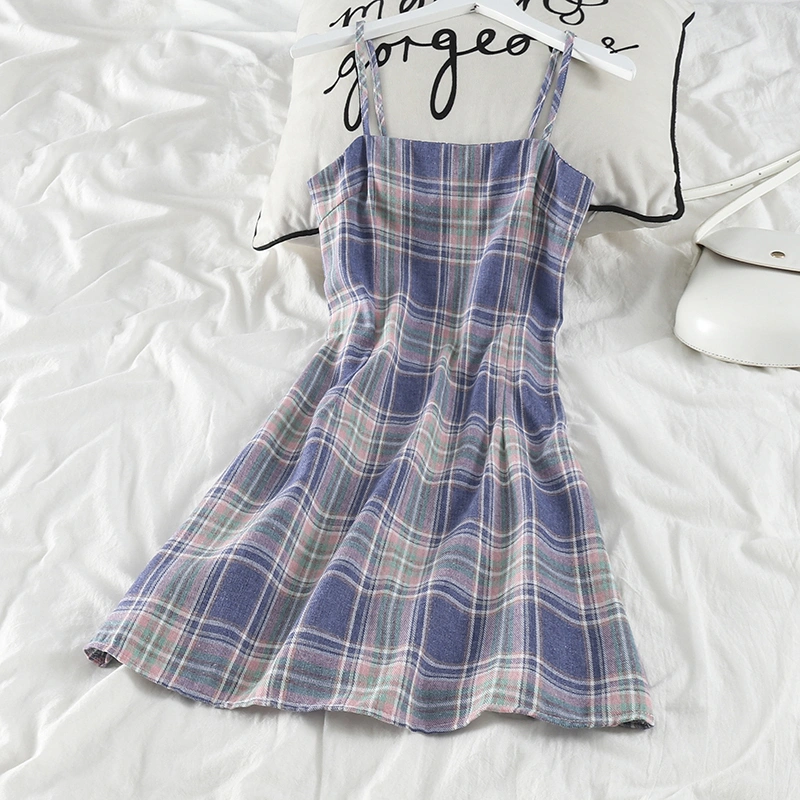 Retro plaid suspender skirt