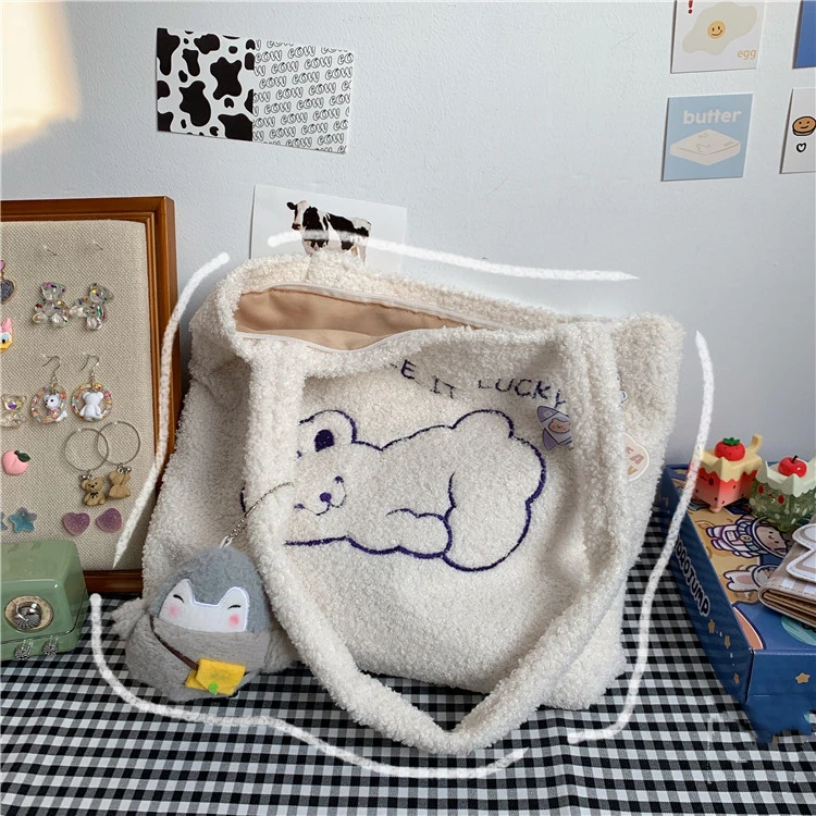 College Style Autumn And Winter Cute Cartoon Plush Shoulder Bag Shopping Bag