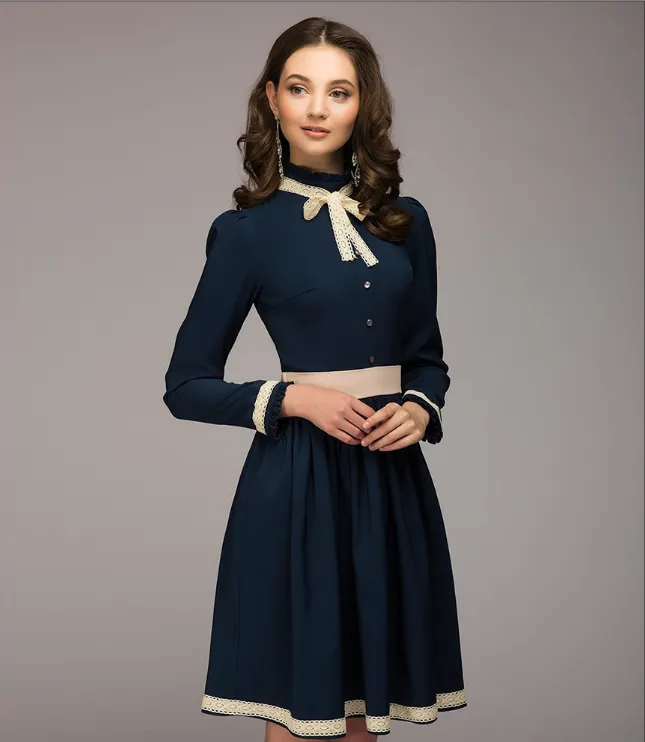 Women simple A-line dress autumn winter O-neck long sleeve knee-length dress Elegnat women casual solid vestidos