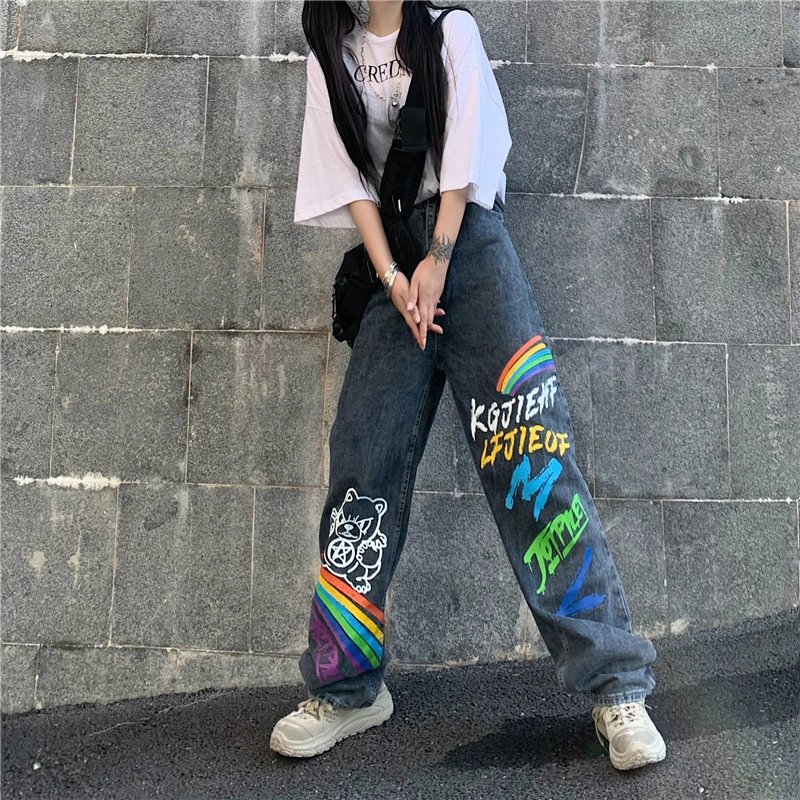 Childlike Rainbow Print Loose Straight Wide Leg Pants