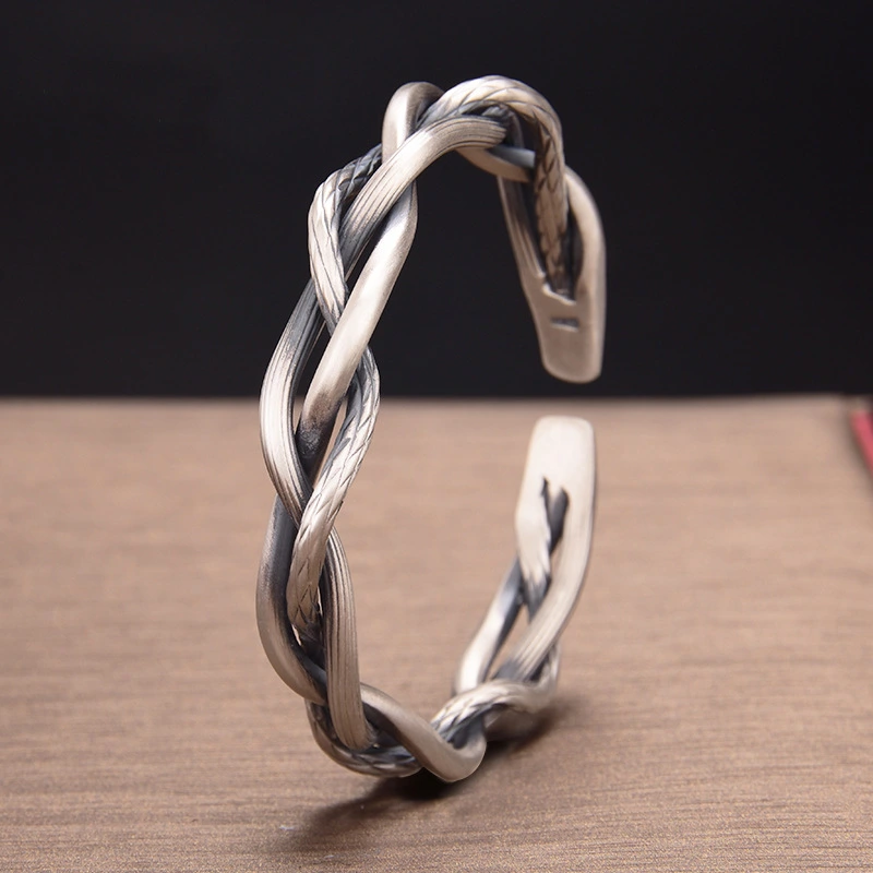 Sterling Silver Retro Three-strand Twist Bracelet Light Luxury All-match Elegant Couple Jewelry Adjustable Opening