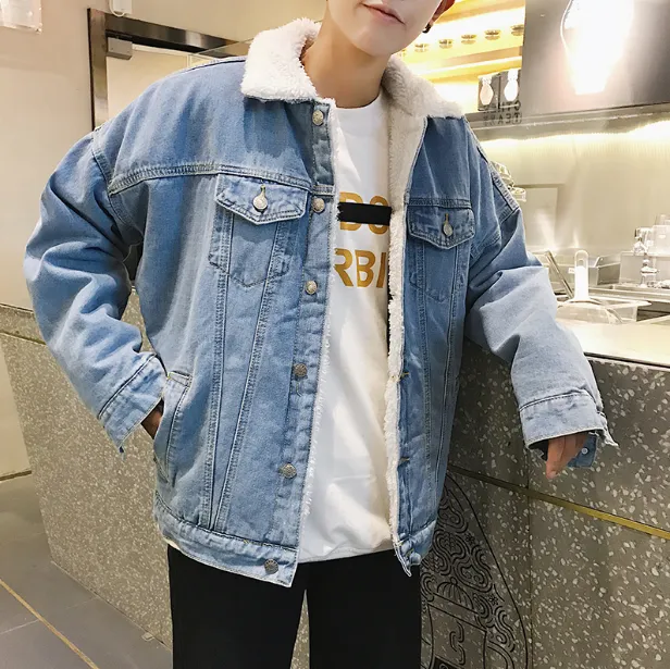 Winter clothing plus velvet thick denim clothing Korean version of the loose youth lamb hair denim coat jacket student scorpion male tide