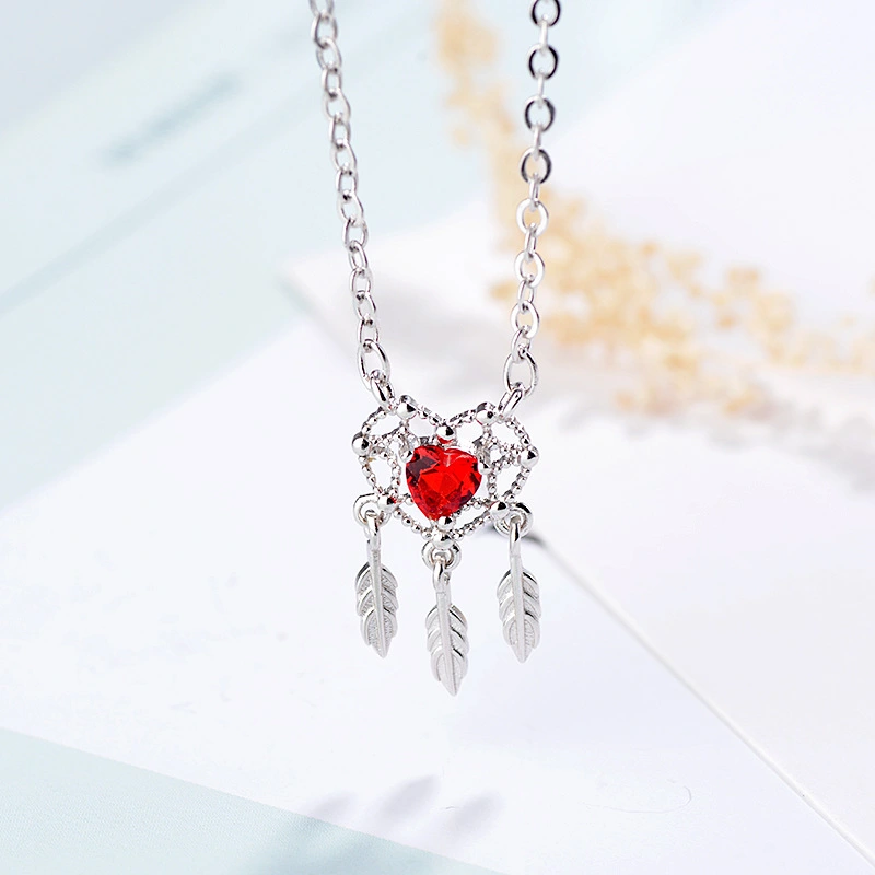 Peach Heart Dreamcatcher Feather Necklace Clavicle Chain