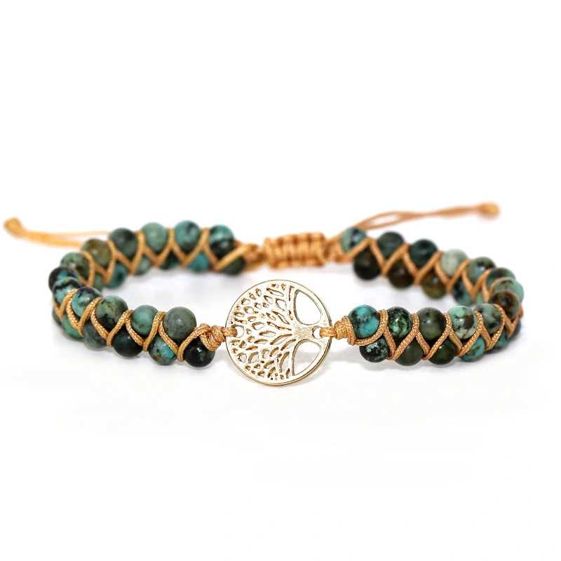 Natural AFRICAN TURQUOISE Stone Multi Layer Handmade Bracelet Double Row Beads 4mm Round Beads Tree Of Life Adjusting Bracelet
