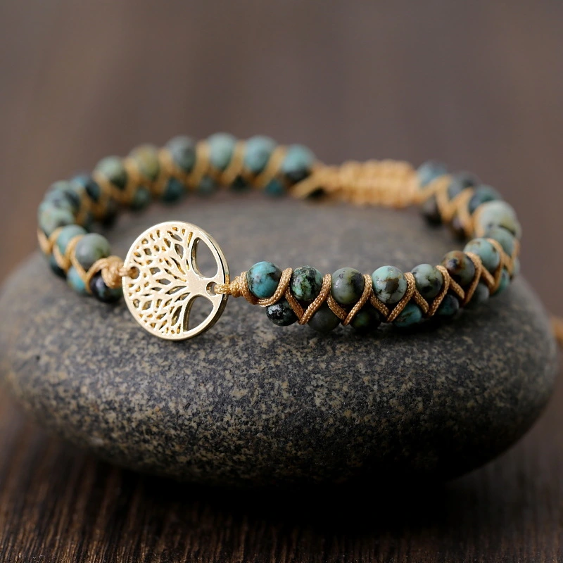Natural AFRICAN TURQUOISE Stone Multi Layer Handmade Bracelet Double Row Beads 4mm Round Beads Tree Of Life Adjusting Bracelet