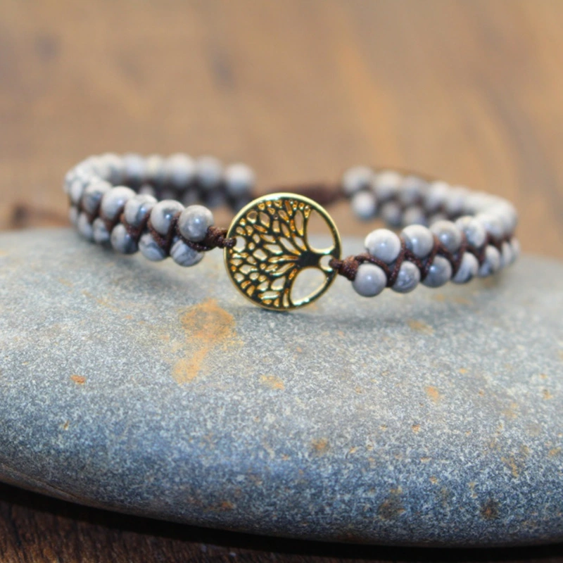 Natural AFRICAN TURQUOISE Stone Multi Layer Handmade Bracelet Double Row Beads 4mm Round Beads Tree Of Life Adjusting Bracelet