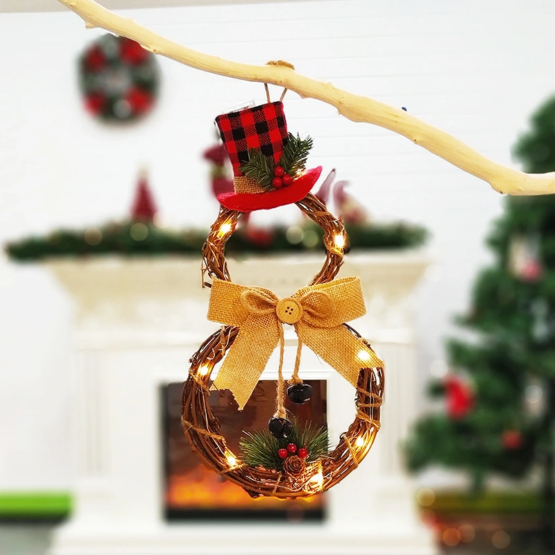 Christmas LED Circular Rattan Snowman Shaped Wreath Pendant for Home Hanging Decoration