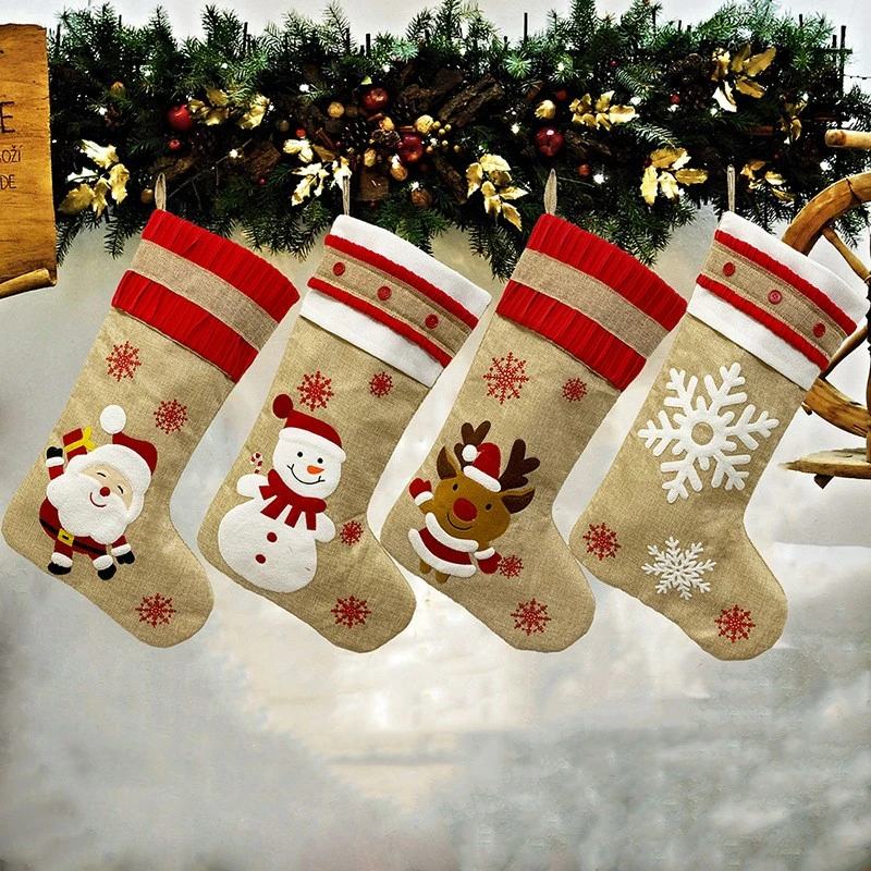 Snowman Old man deer snowflake linen Christmas stockings