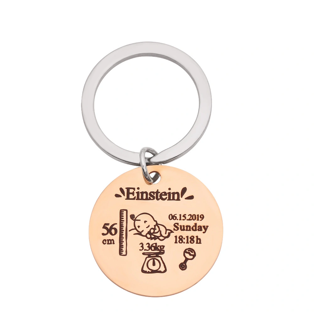 Stainless steel round key baby birth keychain