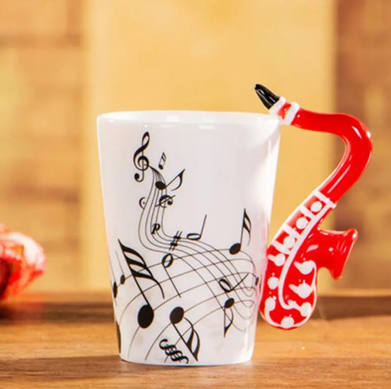 Coffee cup with music notes in the form of saxophone handle ceramic porcelain cup of tea milk method