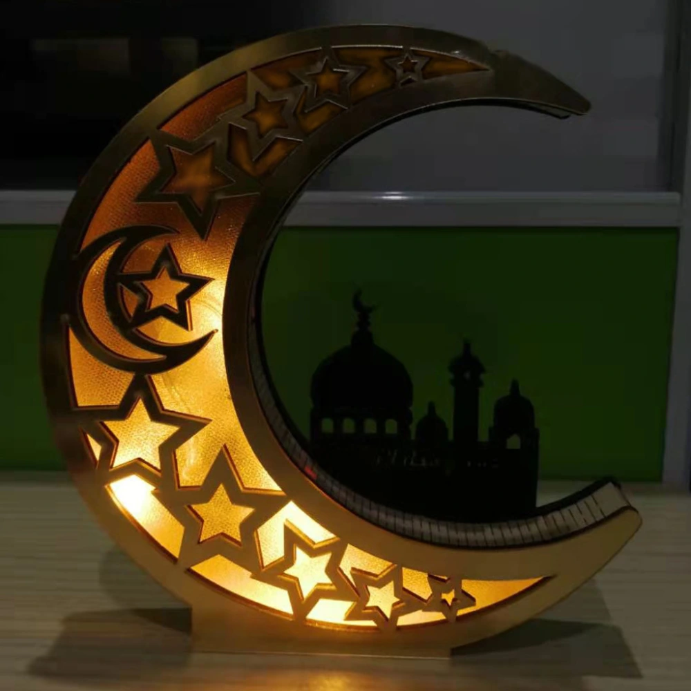 Wooden Eid Mubarak Mirror Golden Moon Castle Hollow Letters with LED Lights Crafts