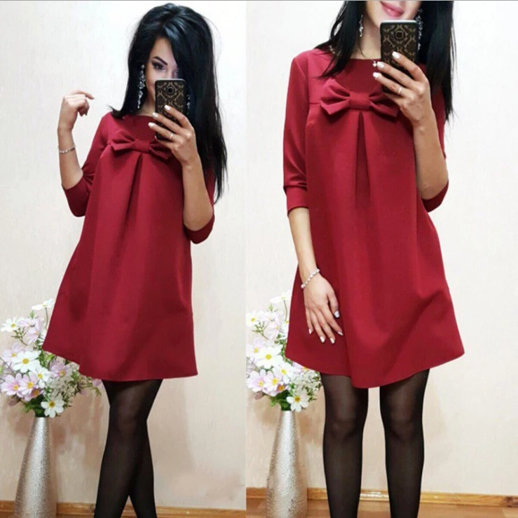 Sweet bow design in sleeved solid color dress