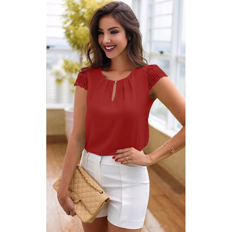 Summer New Lace Short-Sleeved Solid Color Top