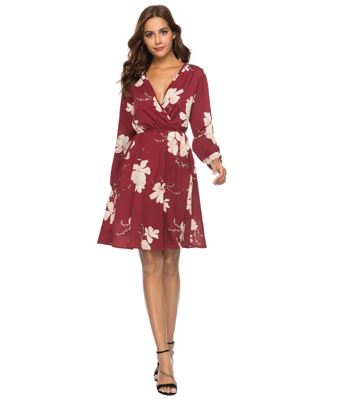 USA size deep V-neck long-sleeved waist slim dress