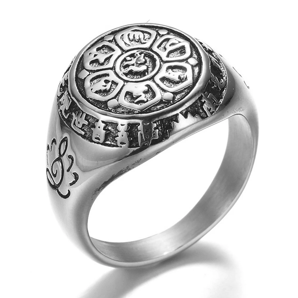 Alloy retro six-word mantra Lotus Sanskrit Guanyin mantra safe peace South no Guanyin men and women ring