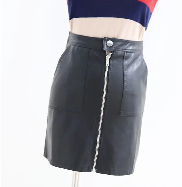 High waist versatile PU small leather skirt front zipper double pocket bag hip skirt Slim skirt step skirt