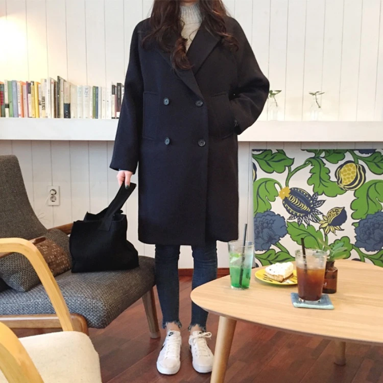 Korean Temperament Was Thin Mid-length Woolen Coat Double-breastedd