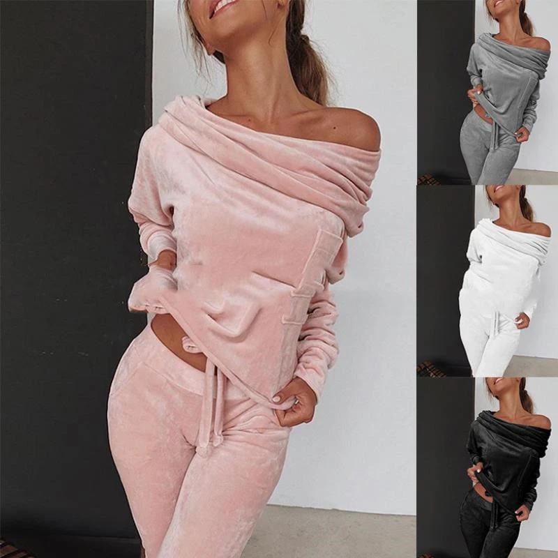 The new autumn plush two-piece a word shoulder clothes and t