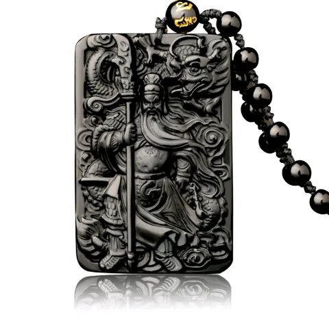 Natural Obsidian Carving Guan Gong Pendant, Men and Women Domineering Fortune God Pendant Obsidian Guan Gong Pendant