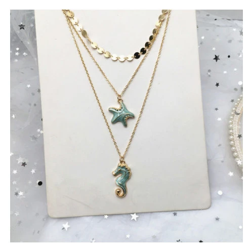 Vintage Necklace National Style Environmentally Friendly Alloy Shell Hippocampus Europe and America Multilayer Long Sweater Chain Female