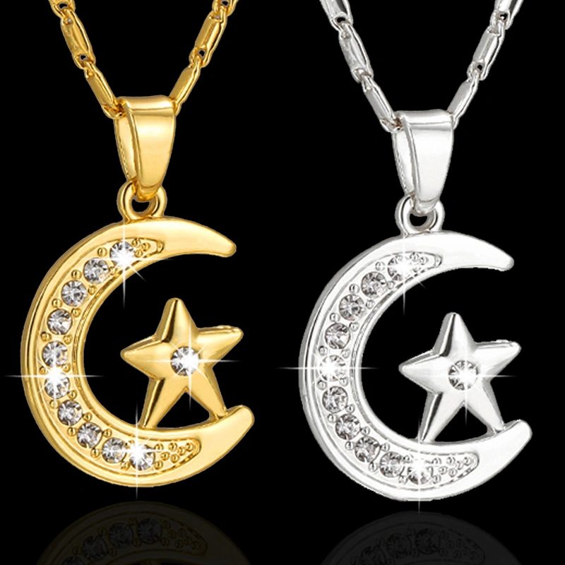 Muslim Crescent Pendant Necklace Silver/Gold Color Cubic Zirconia CZ Islam Moon Star Jewelry Women Gift