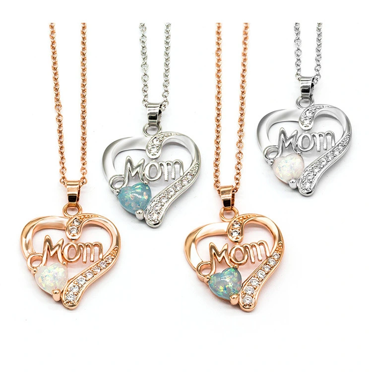 Quick-sell wish exploded to sell mom love heart-shaped Aobao Necklace copper-silver-plated zircon mother''s birthday gift