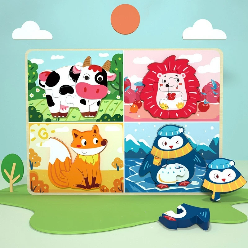 3D Puzzles Cartoon Animals Montessori Wooden Puzzles Hand Grab Boards Tangram Jigsaw Educational Toy