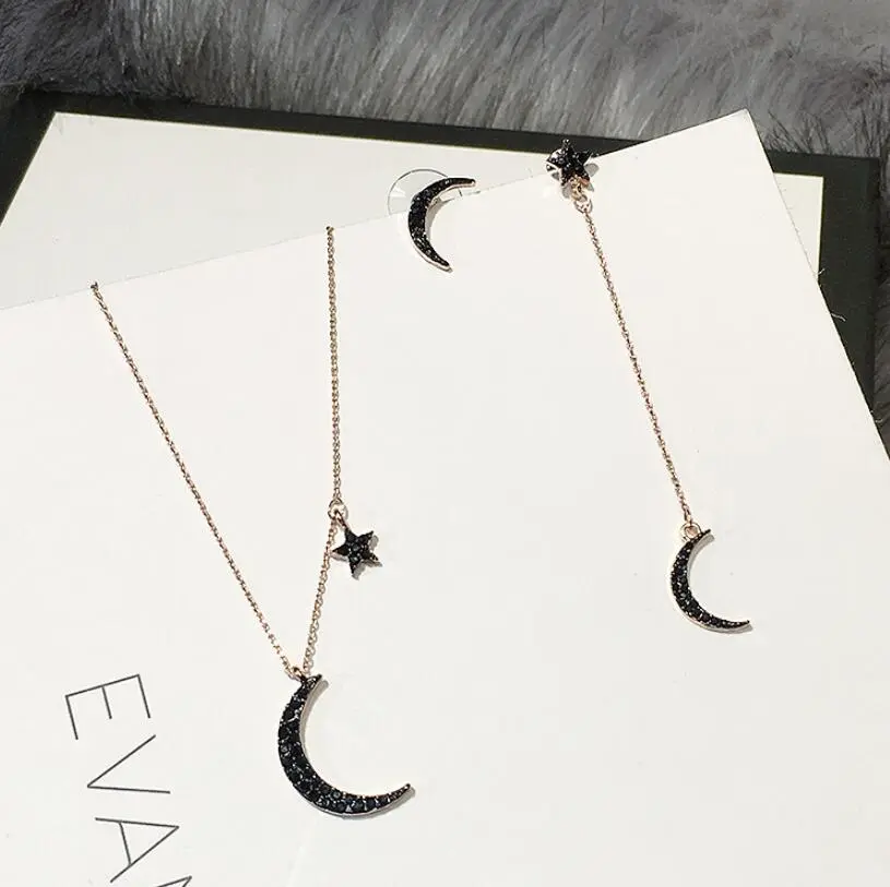 black diamond stars moon necklace clavicle chain silver needle asymmetric earrings tassel long earrings