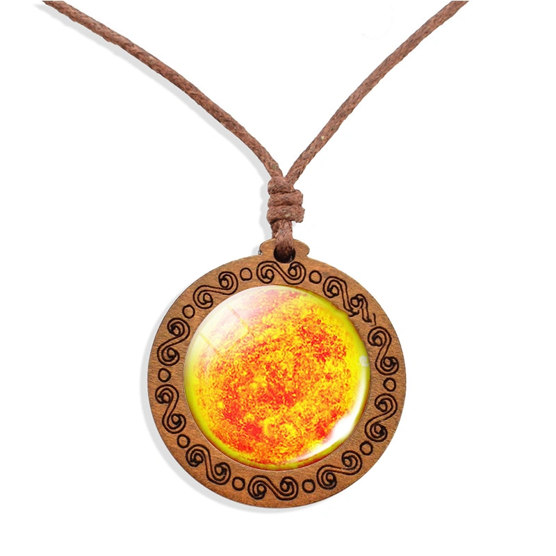 Star globe glass cabochon wood pendant necklace jewelry