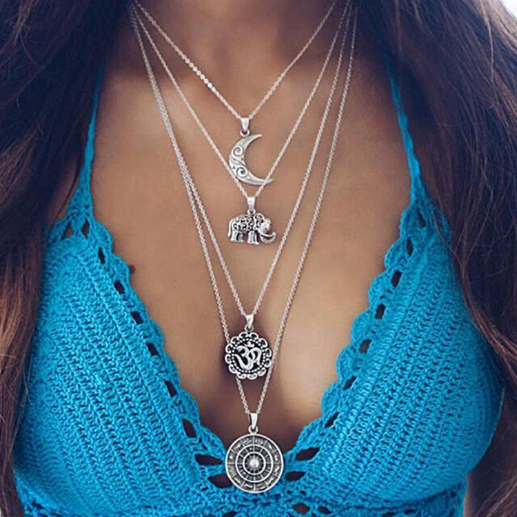 Multilayer Necklace Elephant Moon / Feather Fishtail Necklace