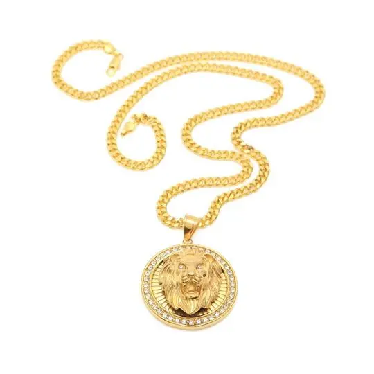 New Stainless Steel High-quality Lion Head Diamond Inlaid Three-dimensional Round Pendant