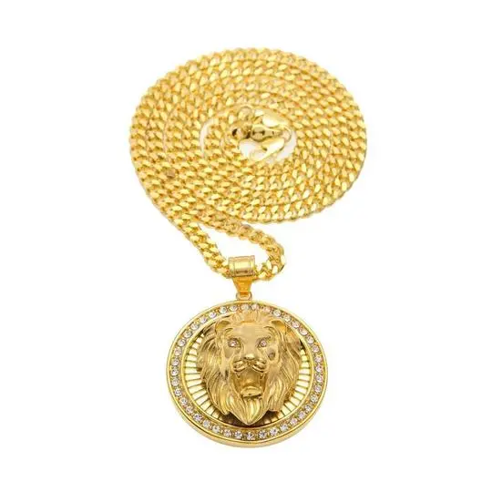 New Stainless Steel High-quality Lion Head Diamond Inlaid Three-dimensional Round Pendant