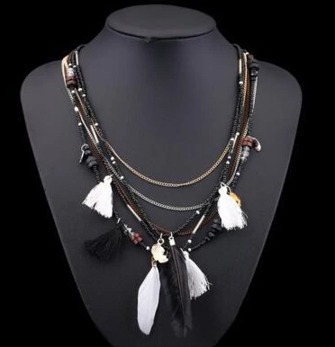 Bohemia Multicolor Long Tassel Beaded Feather Necklace