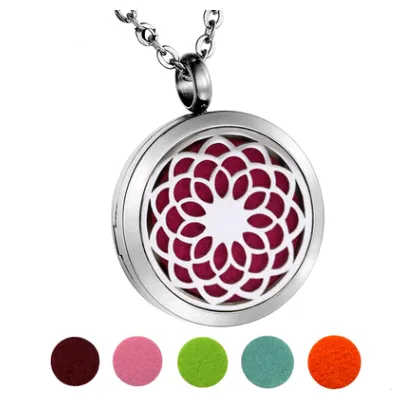 Stainless Steel Perfume Box Necklace Ornament Round Lotus Hollow Aromatherapy Essential Oil Pendant