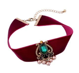 Red Velvet Choker Necklace with Green Geometric Family