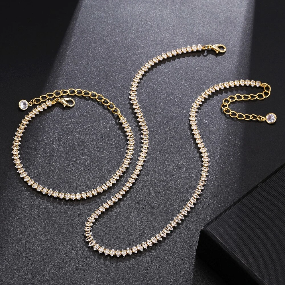 Golden Rhinestone Clavicle Chain Short Necklace Row Diamond Full Rhinestone Crystal Bracelet Set