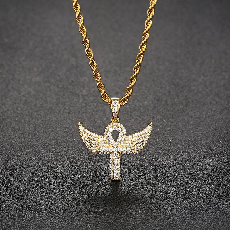 Zircon - Encrusted Angel Wing Cross Pendant