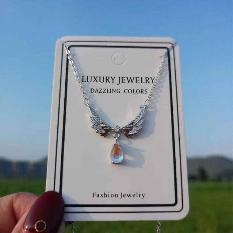 Angel Wing Necklace 925 Sterling Silver Moonstone Pendant Clavicle Chain