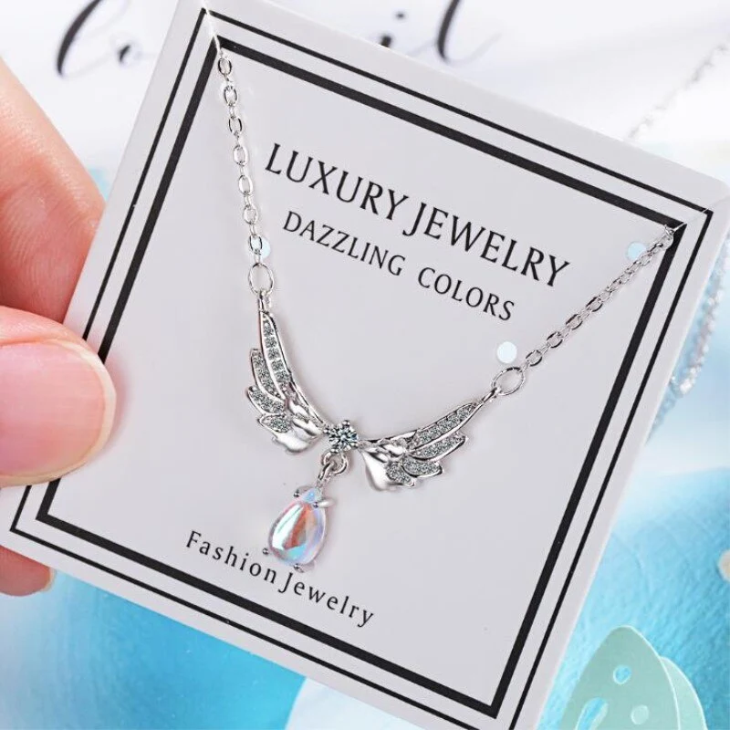 Angel Wing Necklace 925 Sterling Silver Moonstone Pendant Clavicle Chain