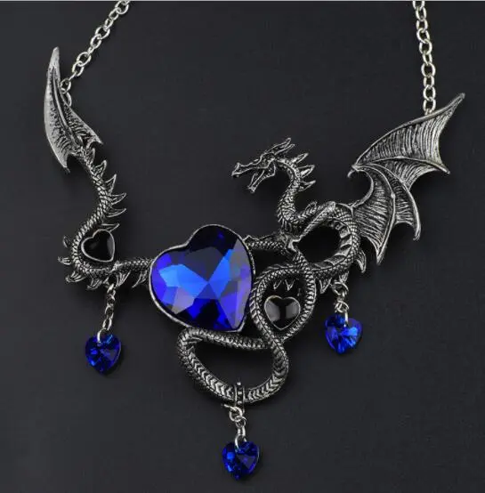 Personalized Fashion Heart-shaped Sapphire Flying Dragon Animal Raw Lantern Necklace