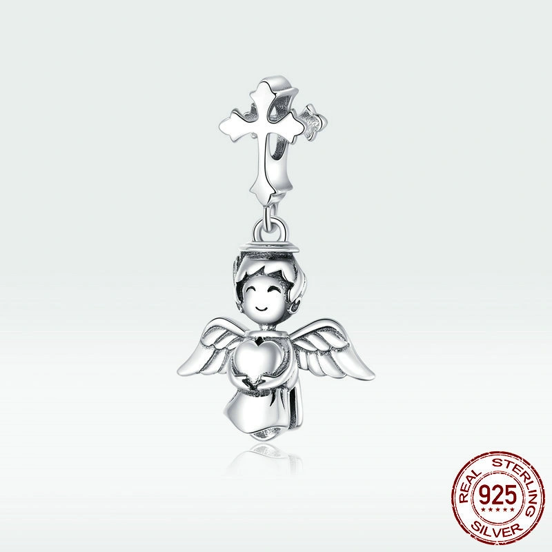 S925 Sterling Silver Angel Wings Pendant, Cross Diy Beaded