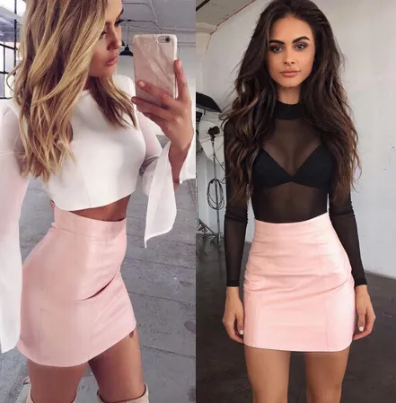 HOT Fashion Women Shiny Leather Skirts Female Solid Bodycon Pencil Short Mini Skirt Woman Zipper High Waist Skirt