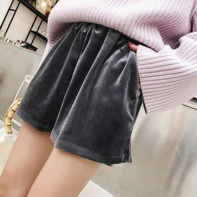 Vintage velvet Elastic Waist Shorts winter thick thin side slit wide leg pants pants female casual boots tide