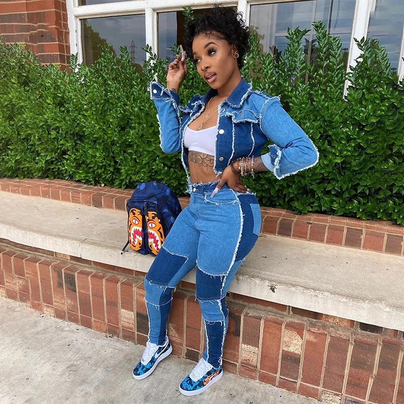 Retro stitching washed denim suit