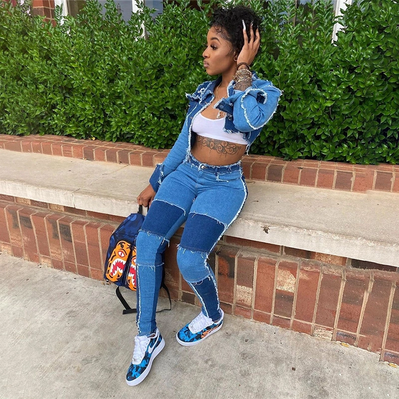 Retro stitching washed denim suit