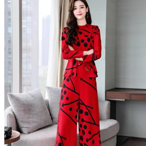 Autumn women's new Korean version of OL commuter printing T-shirt wide leg pants two-piece