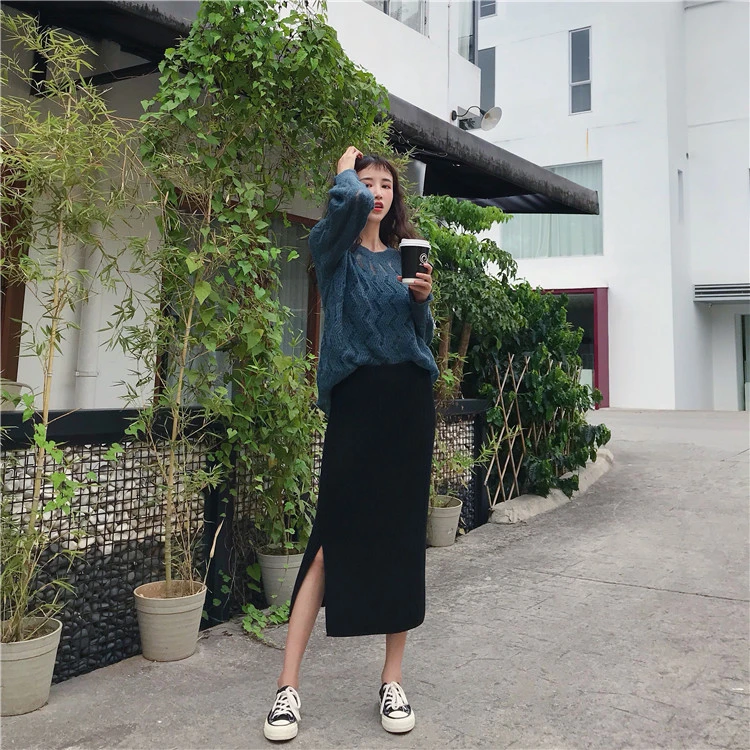 Autumn Korean version of chic retro Hong Kong flavor split bag hip skirt skirt high waist knit skirt long skirt student skirt female