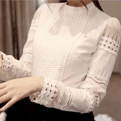 Elegant Long Sleeve White Base Slim Cotton Hook Flower Hollow Lace Shirt
