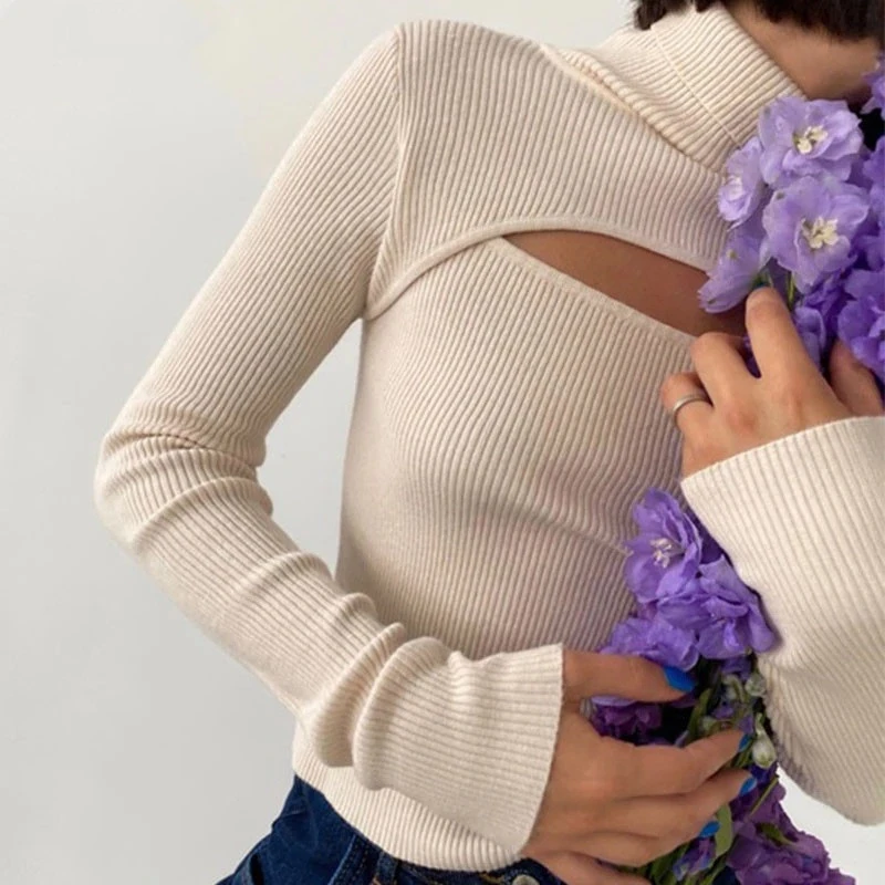 Hot Style Boob Hollowed-Out Sexy Bodice Long Sleeve T-Shirt