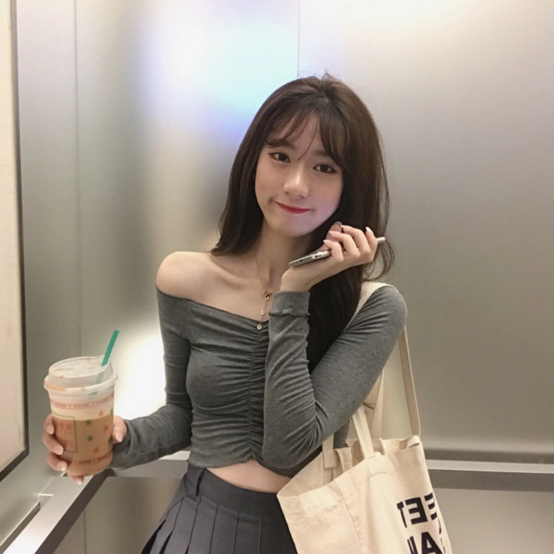 Lace short one-shoulder long-sleeved top